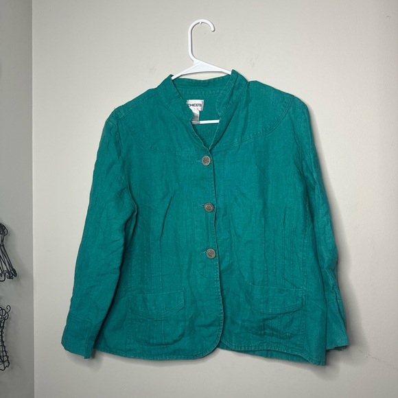 Chico's Jackets & Blazers - Chicos Women’s 100% Delave Linen Sibley Jade Color Button Down 3/4 Sleeve Jacket